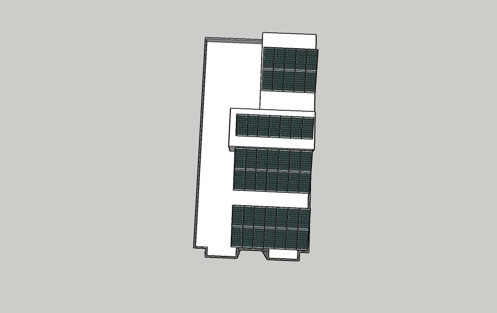 Top view of the Uttara Tower roof model with the solar arrays laid out across its levels