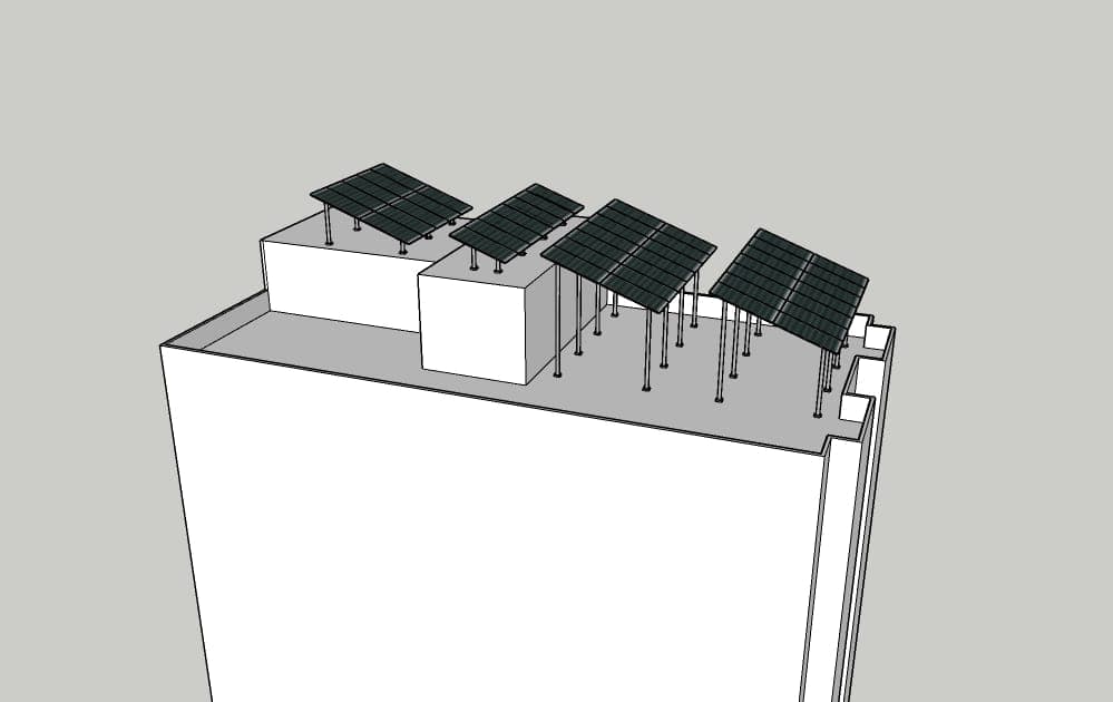 Perspective view of the Uttara Tower model showing tilted arrays on raised frames
